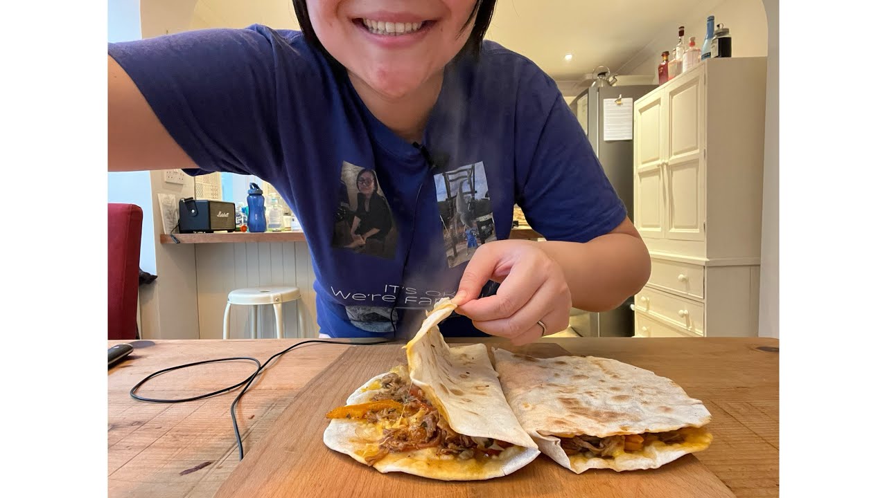 ASMR MUKBANG SPICY CHEESY SHREDDED PORK QUESADILLAS