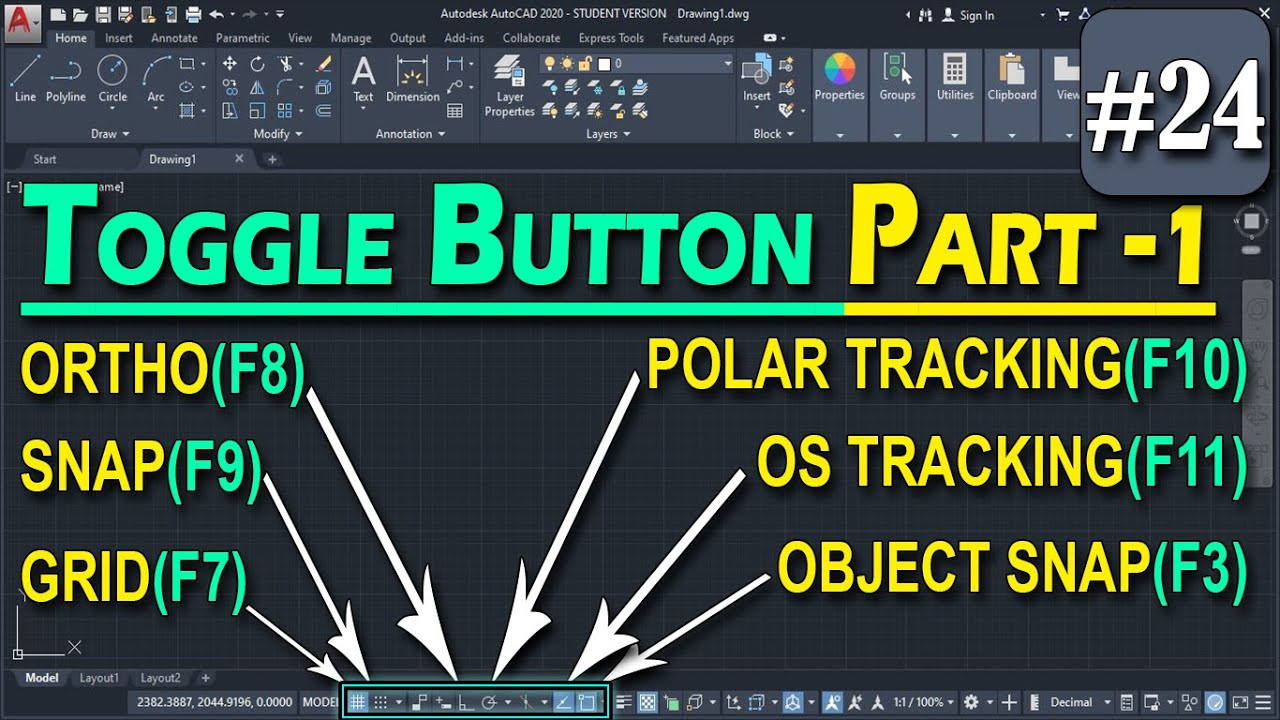 #24 | Toggle buttons | Snep, Grid, Osnep, Polar tracking in AutoCAD [deepak verma]