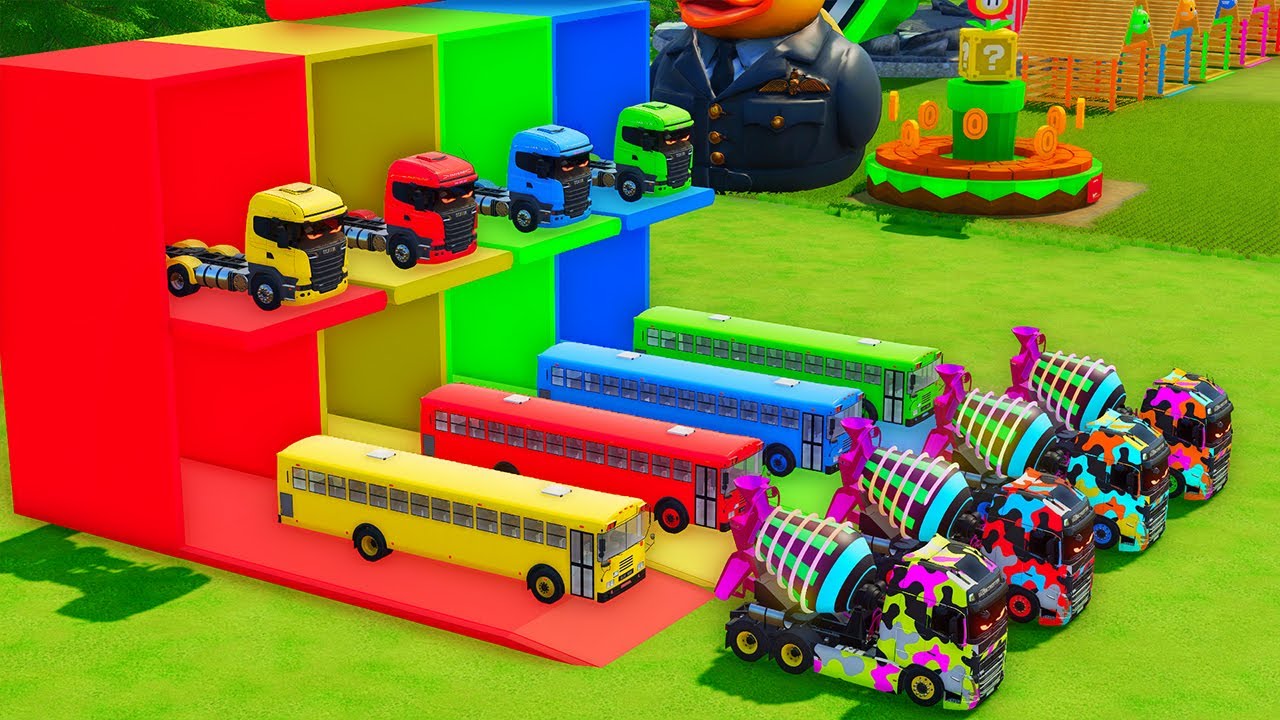 Garage with Colors - ALL MIXER TRUCK WITH DOUBLE FLATBED TRAILER TRUCK, SCANIA, LIZARD, VOLVO, MAN