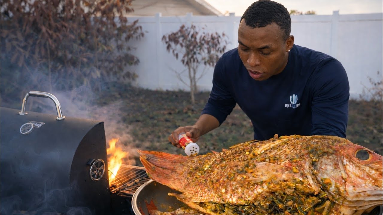 Roasting a Whole Fish Stuffed With Callaloo in My Backyard!