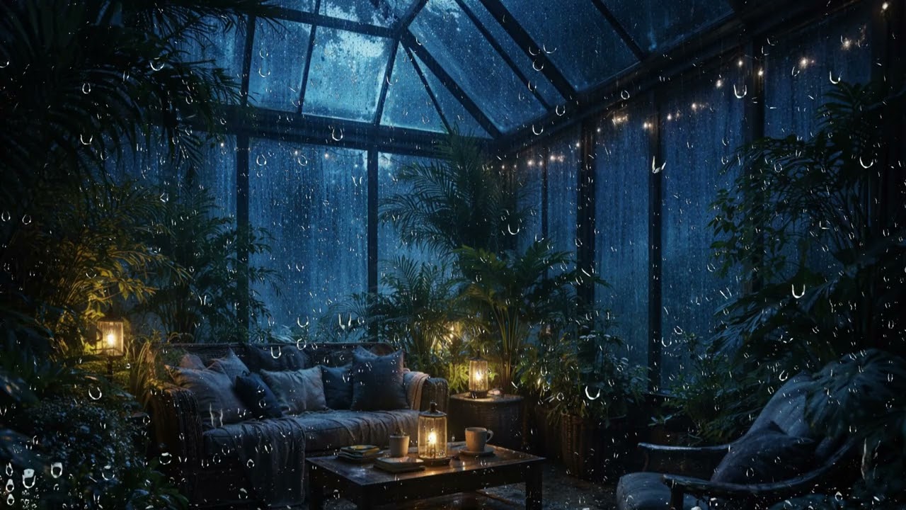 10 Hours Rainfall in a Glass Greenhouse at Night 🌧️ | Deep Sleep Ambience