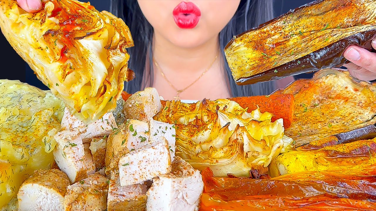 ROASTED VEGGIES, CHICKEN & CREAMY DILL POTATOES | ASMR | MUKBANG | EATING SOUNDS | EATING SHOW