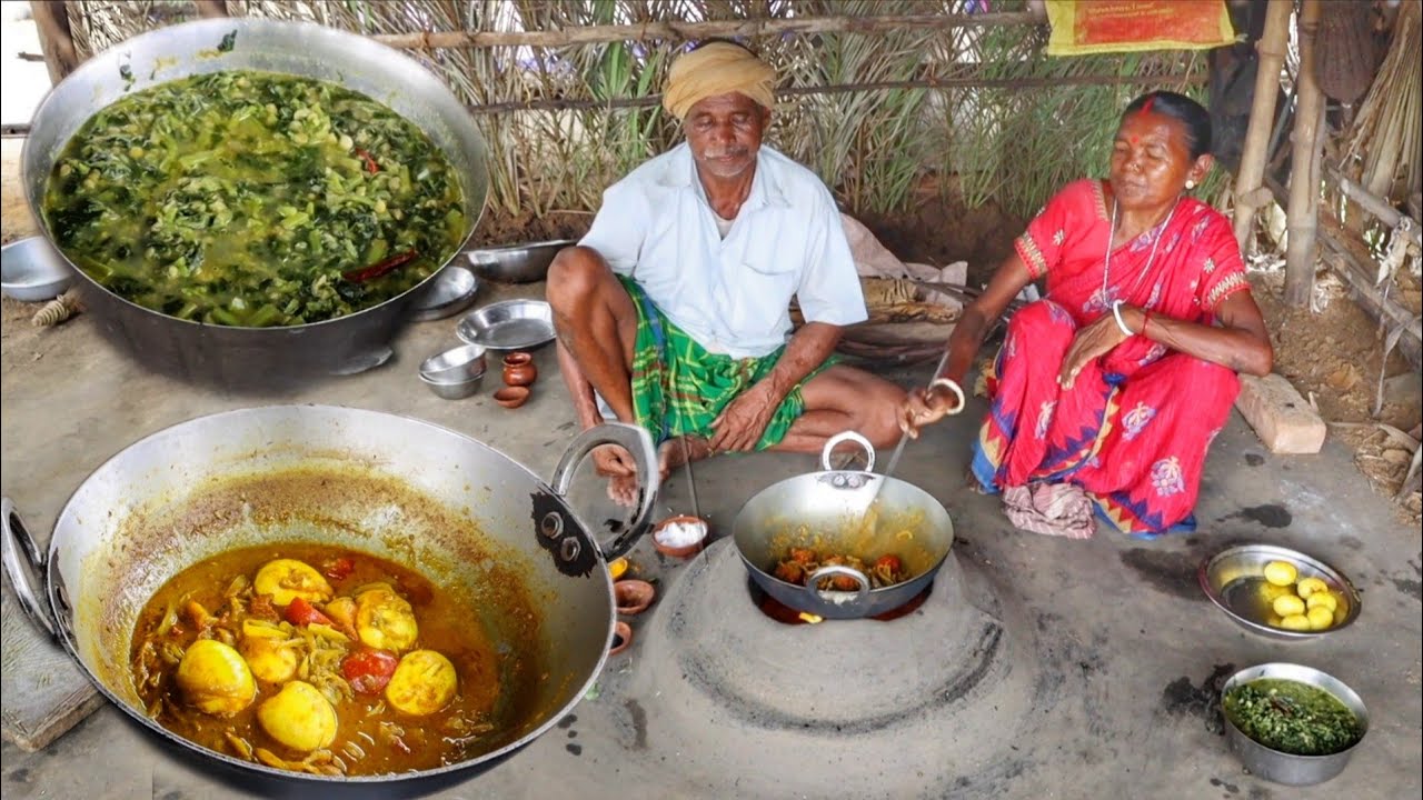 Egg Curry and Shak curry Cooking & eating by santali tribe couple