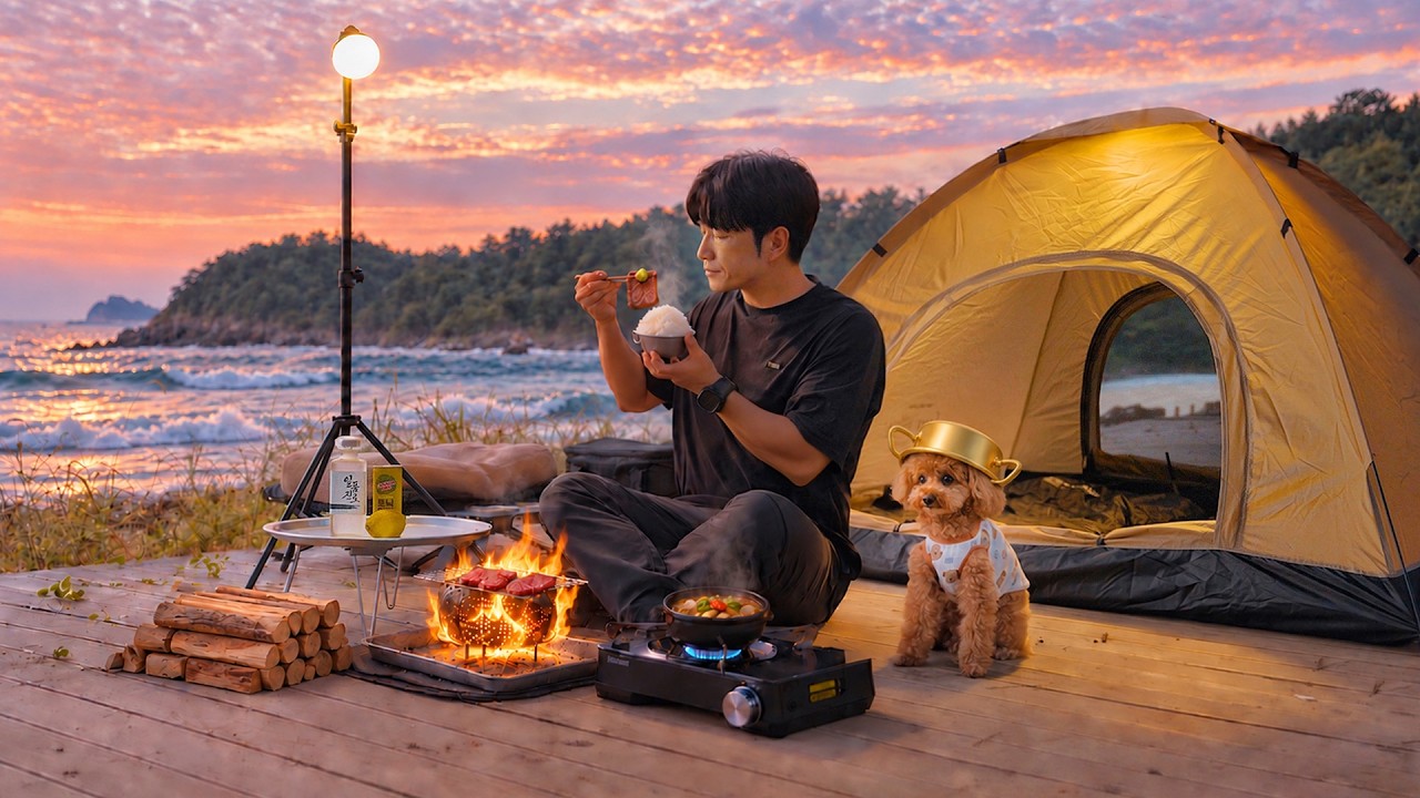 $22 Tent Camping in Beach with My Dog . Korean Grilled Beef . Relaxing Waves ASMR