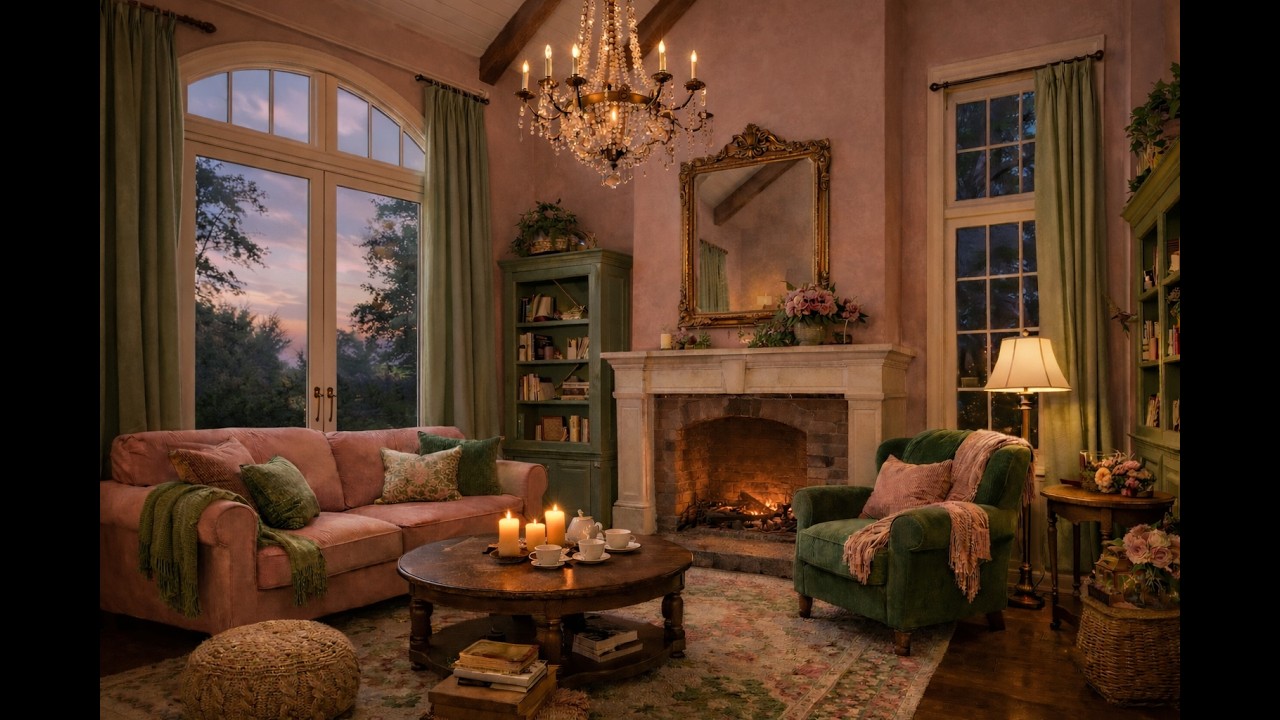 Cosy Ambient Green Pink Living Room Fireplace with Jazz