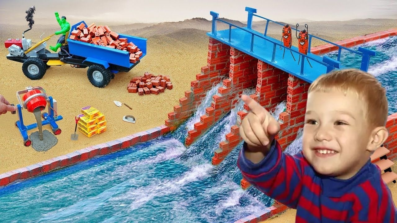 A LOT OF WATER DIY science project mini bridge - making mini 4 compartment dam with bricks to preven