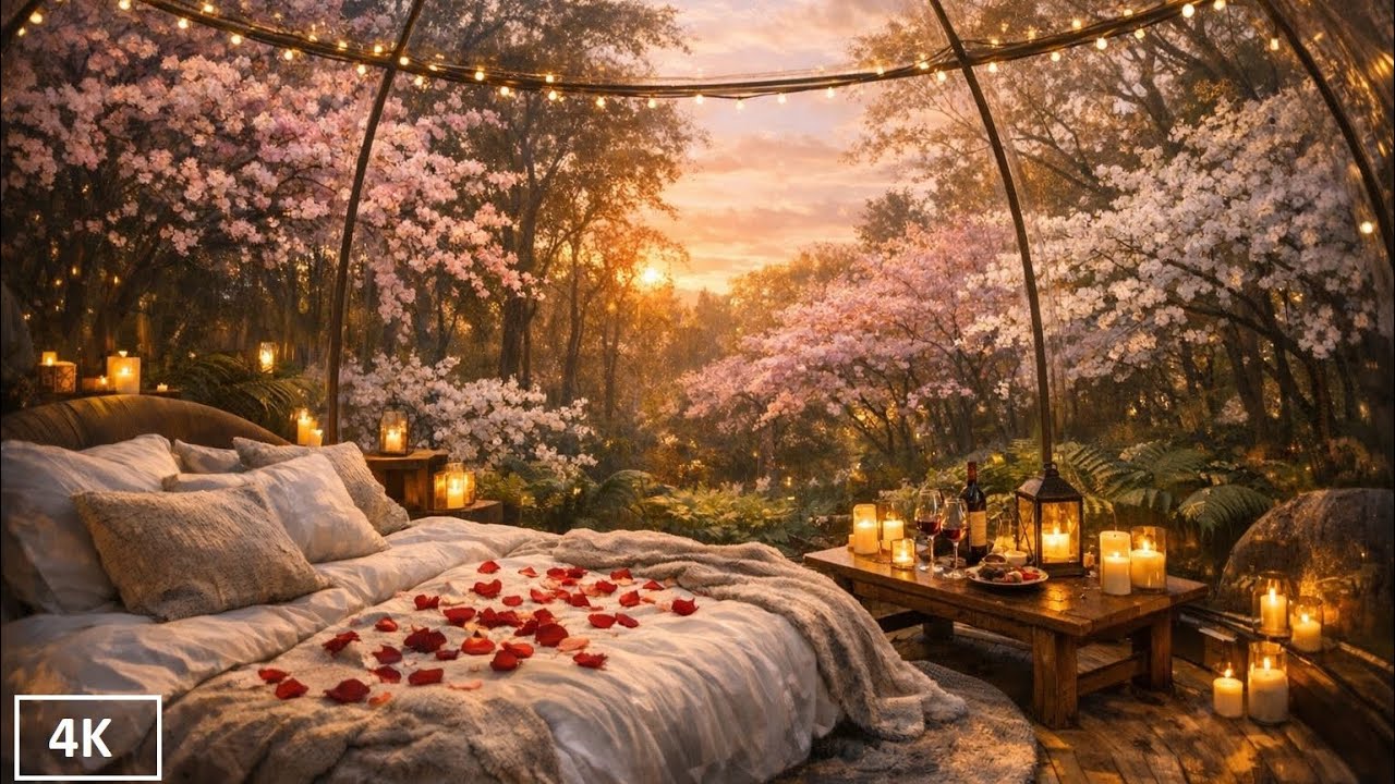 Cozy Spring Romantic Dome Ambience 🌸 Cherry Blossoms, Jazz & Fire Glow | 4K Romance & Valentine