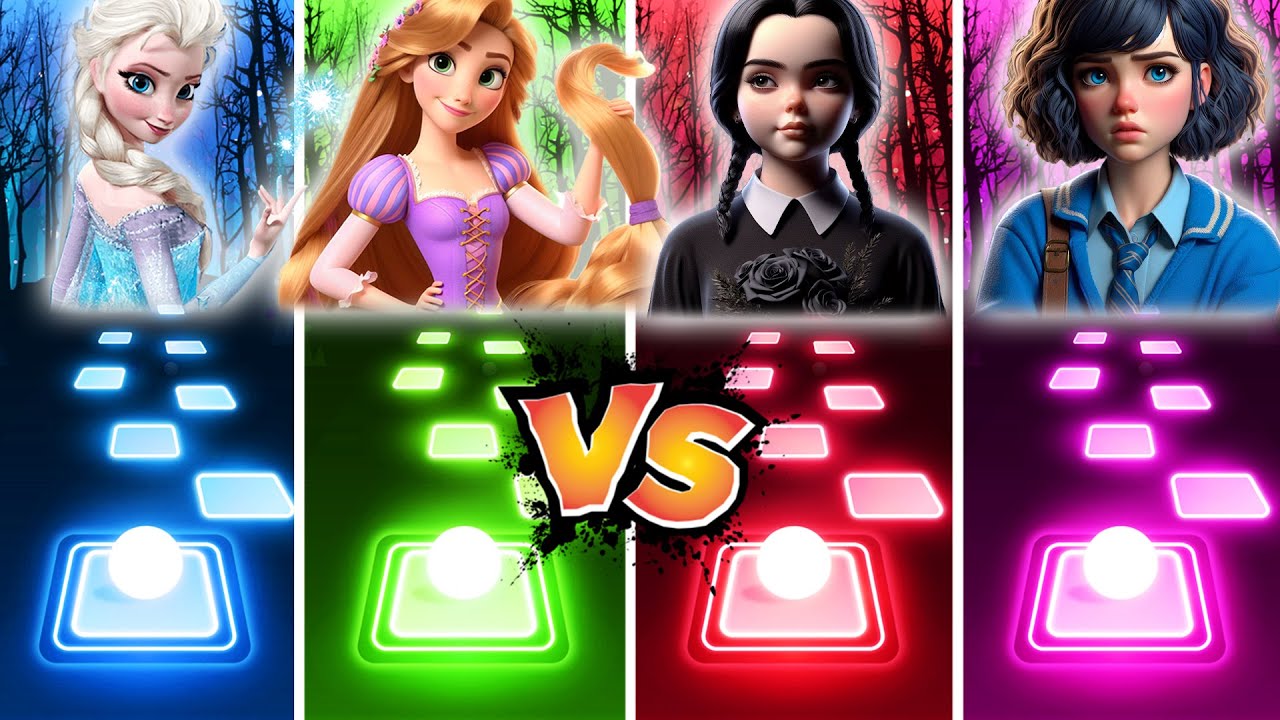 Elsa & Tangled Vs Wednesday & Enid Sinclair - Tiles Hop! Let It Go | Bloody Mary