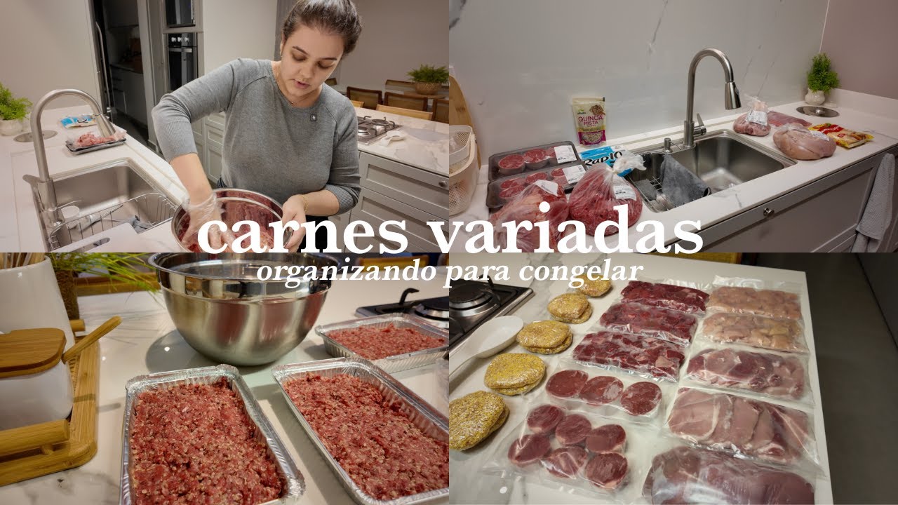 Carnes para o mês, limpando, cortando e embalando para congelar