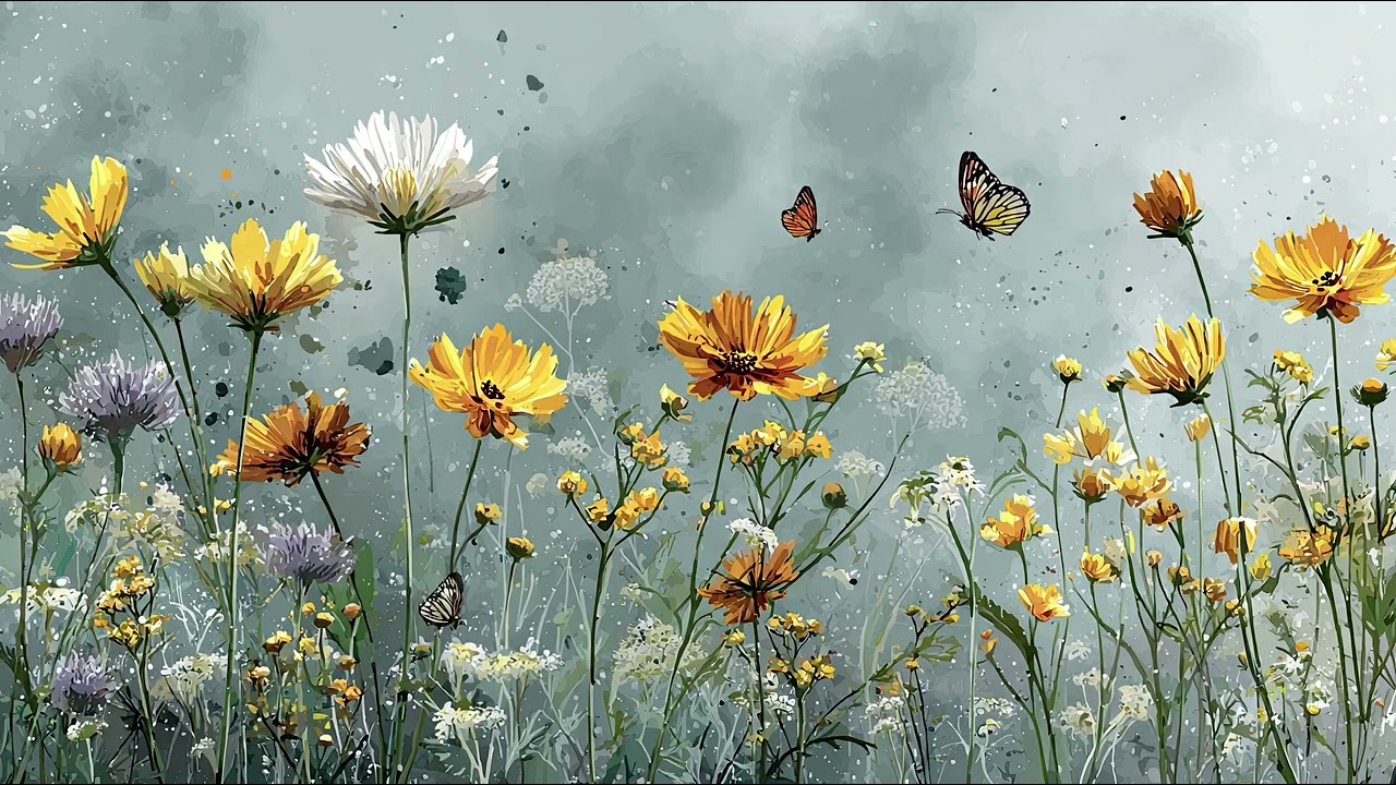 Wildflowers and butterflies in spring. 1 hour 4K TV Wall Art screensaver.