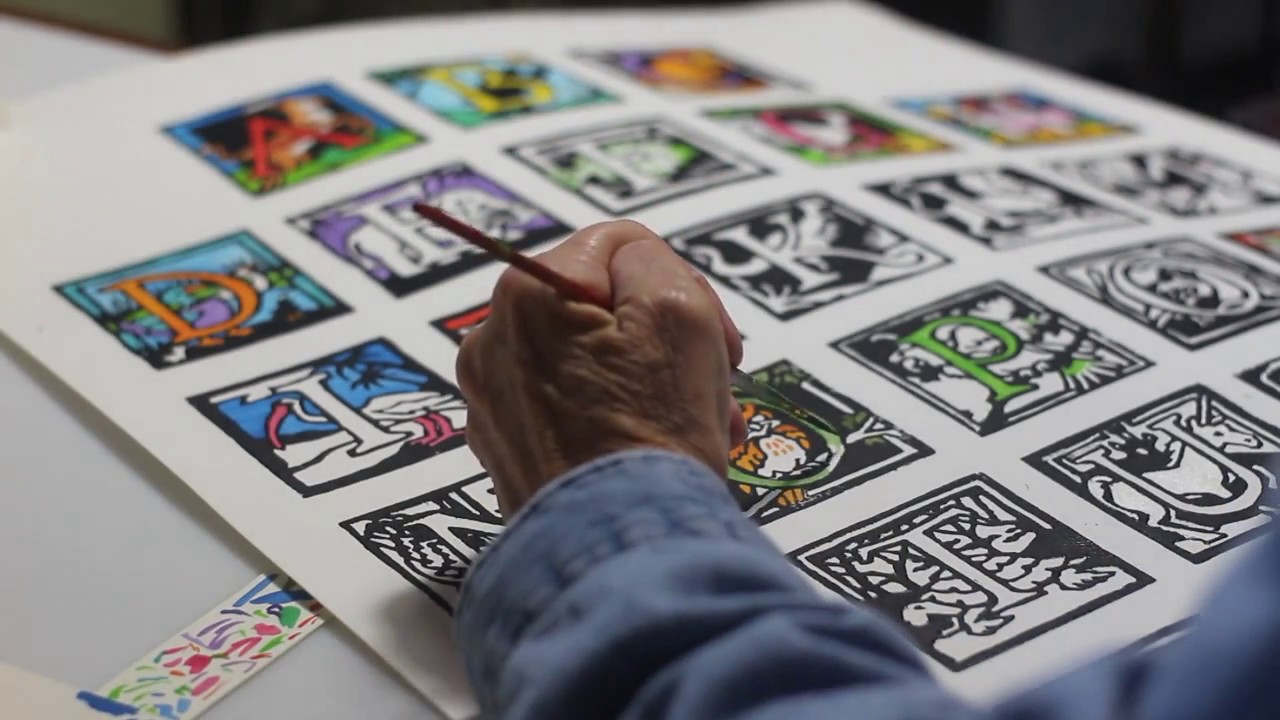 Mary's Hand Colored Linoleum Block Print Alphabets