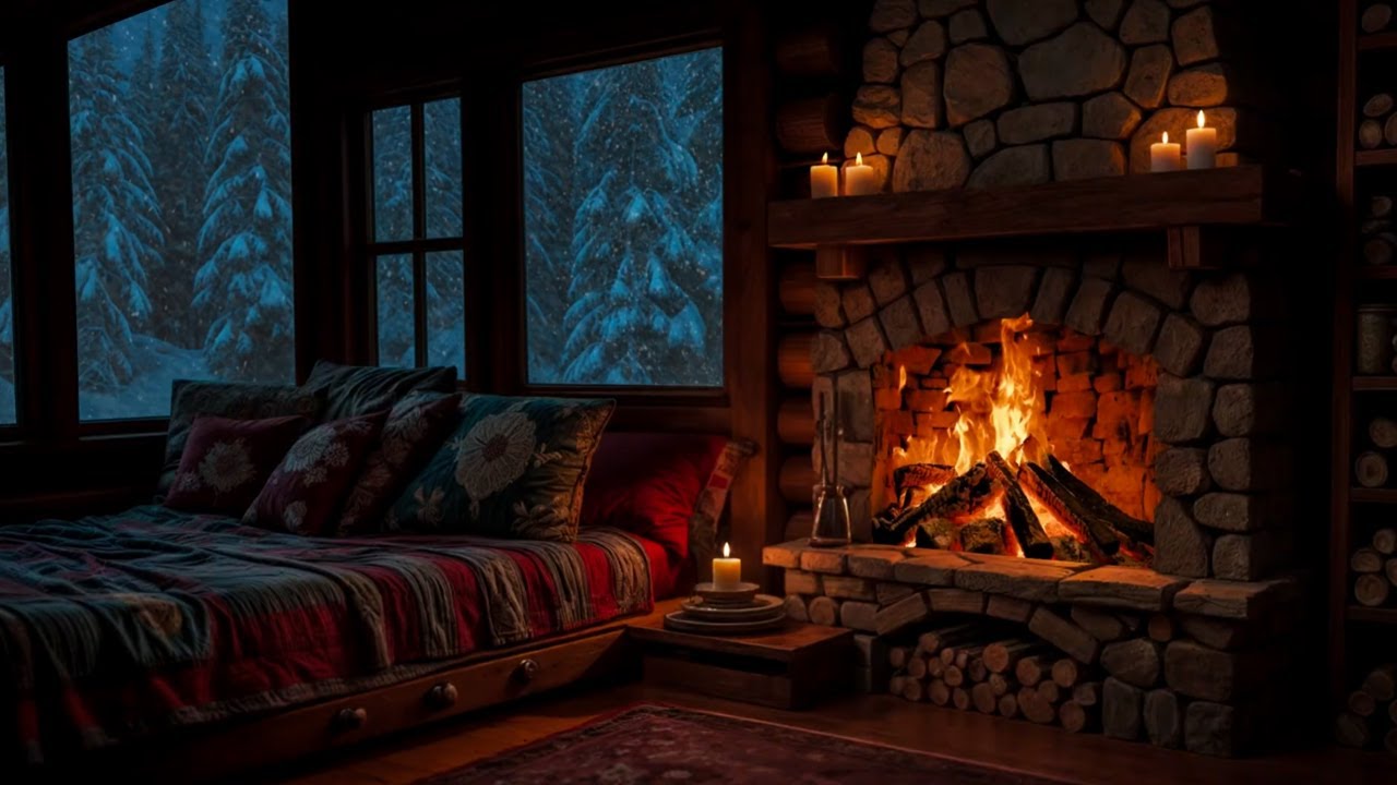 Emberstone Cabin at Night ❄️🔥 | Snowfall, Warm Shelter & Total Relaxation | 36H