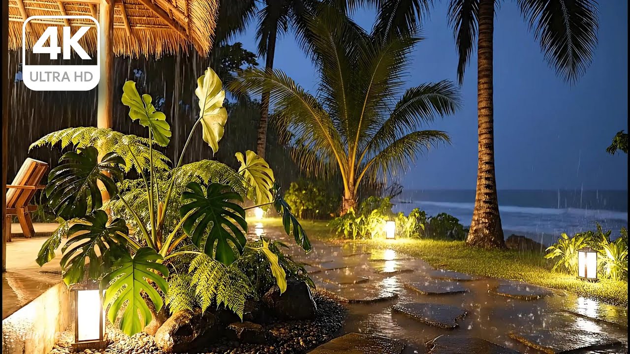 Tropical Night Rain by the Sea 🌧️🌴 4K Ocean Rain Ambience | No Music (3H)