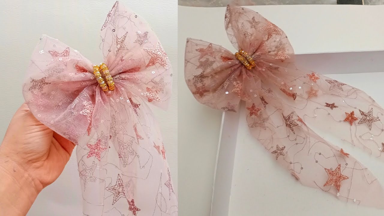 DIY very easy no sew net fabric bow with long scarf for hair clip | DIY hair clip