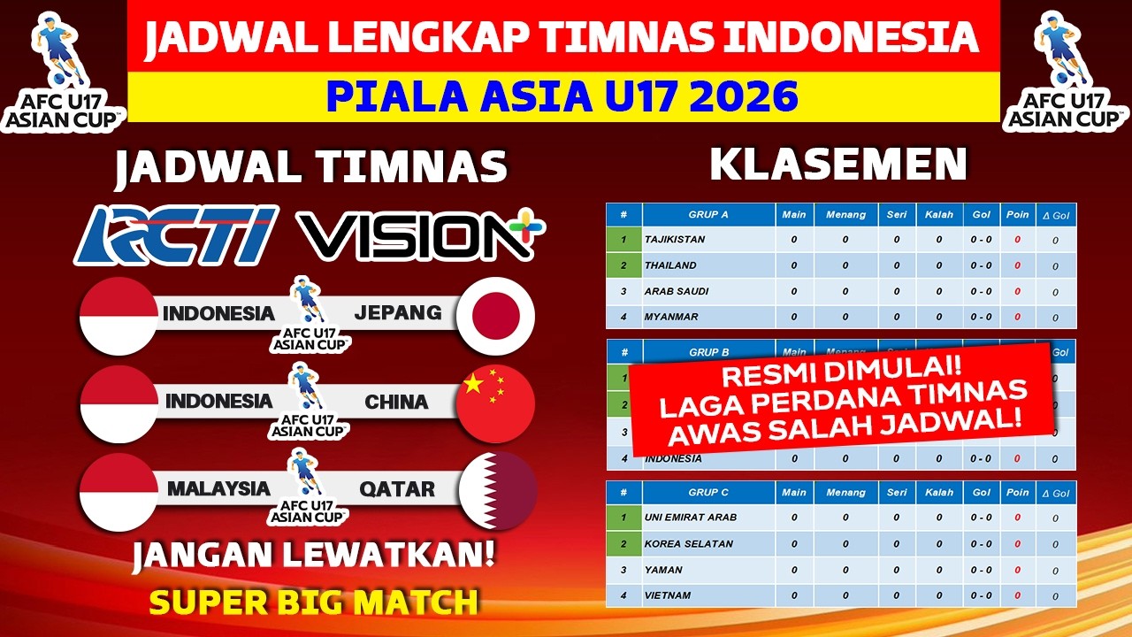 RESMI! Jadwal Timnas Indonesia U17 - Indonesia vs Jepang - Piala Asia U17 2026 - Live RCTI