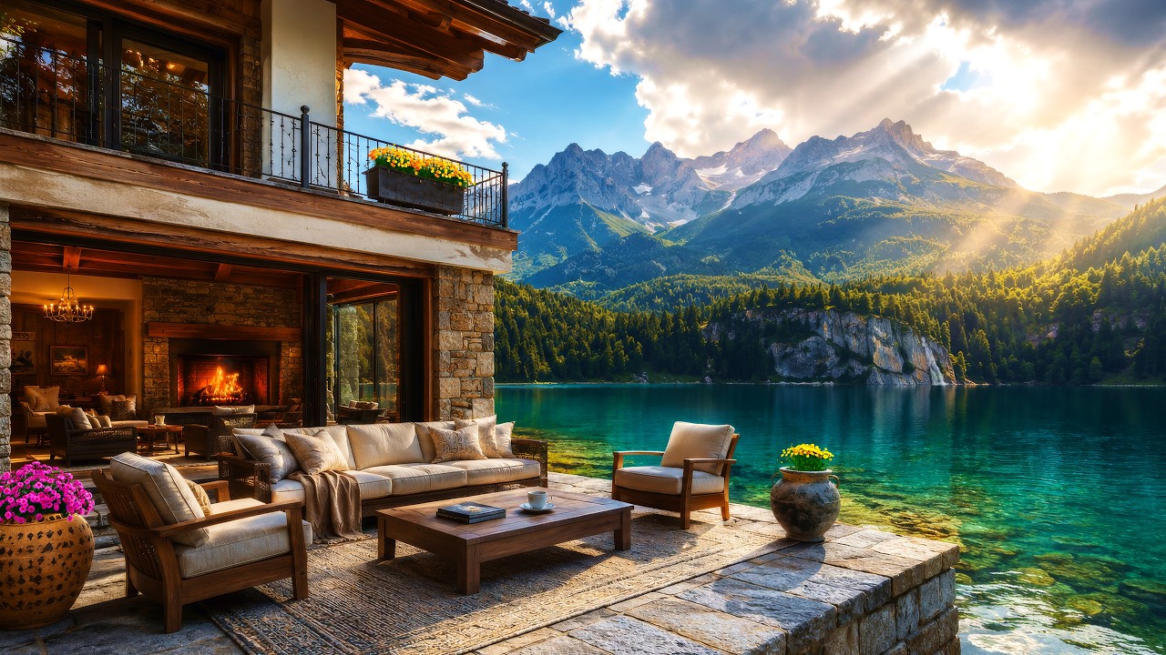Summer Alpine Lake Retreat Living Wallpaper ☀️ Relaxing Acoustic Guitar & Soft Sax Music [4K]