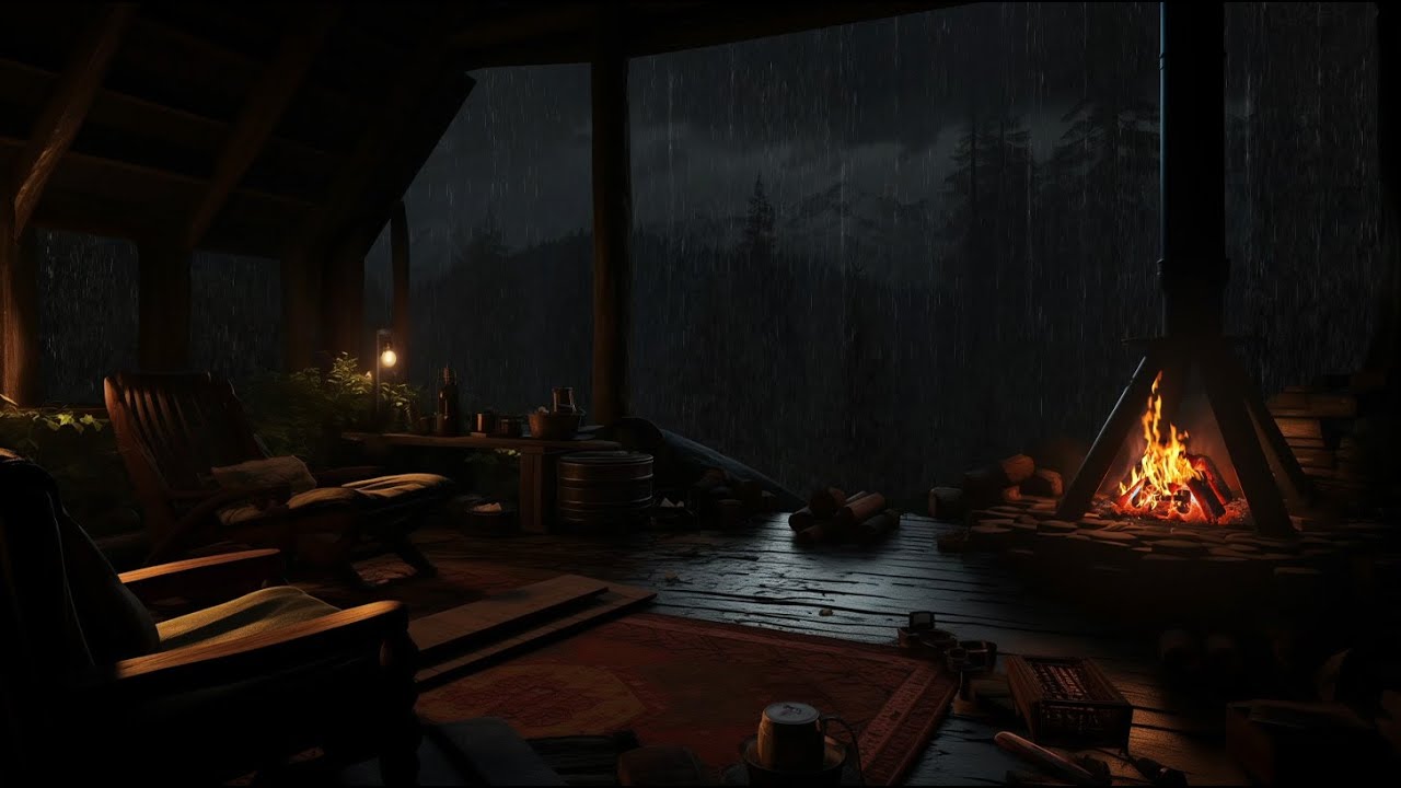 Soothing Rain Outside a Cozy Cabin (No Ads) 🌧️ Fireplace Sounds for Bedtime