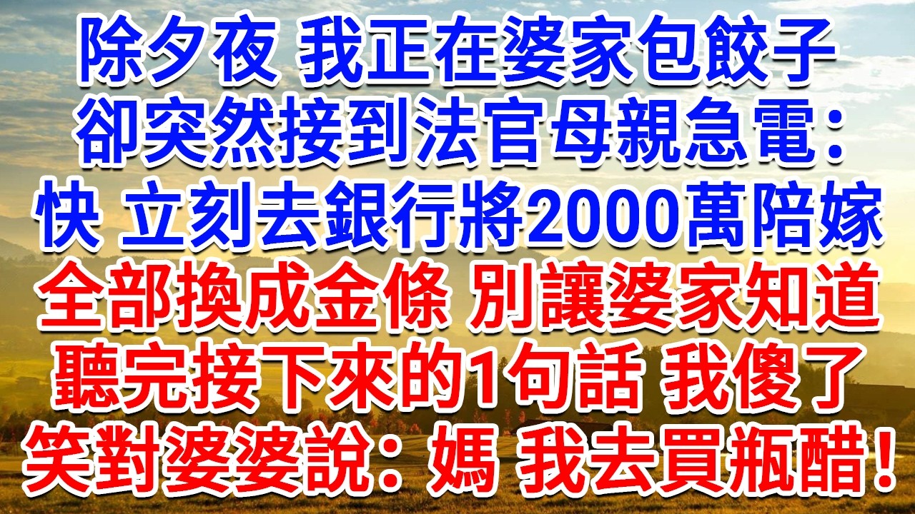 除夕夜我正在婆家包餃子，卻接到法官母親急電：快 立刻去銀行將2000萬陪嫁，全部換成金條，別讓婆家知道，聽完接下來的1句話我傻了，笑對婆婆說：媽 我去買瓶醋！#情感故事#故事#小說#戀愛#情感#婚姻