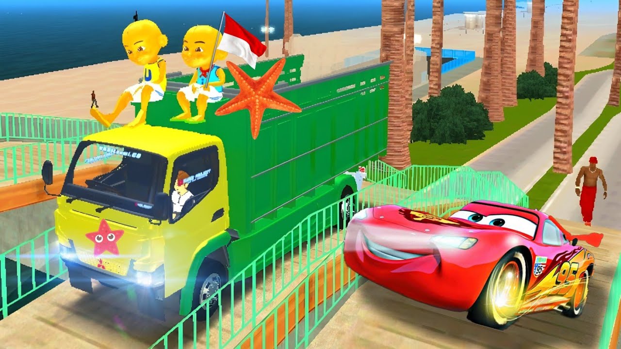 Upin dan ipin pakai mobil truk untuk kembalikan bintang laut ke pantai