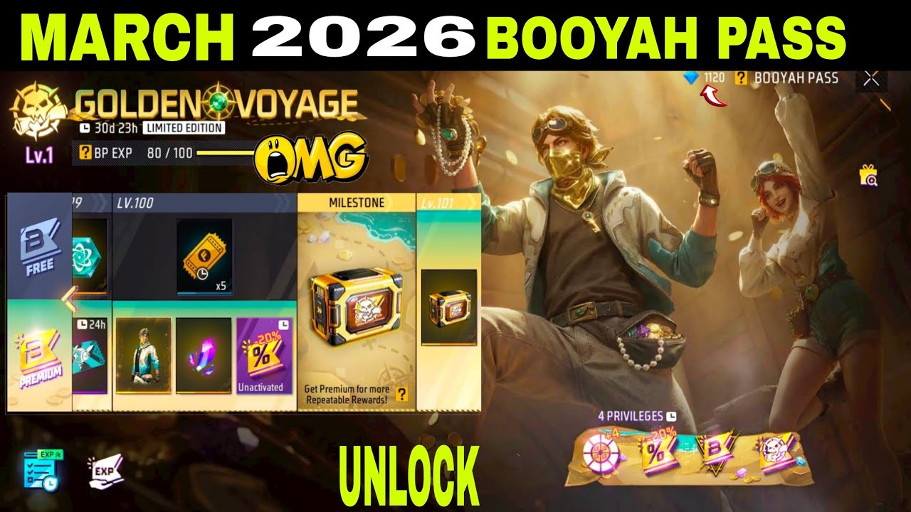 March 2026 New Booyah Pass unlock 🔓 Telugu ❤️‍🔥 Eswarbhai Telugu Free Fire Goldenvoyage Booyah Pass 