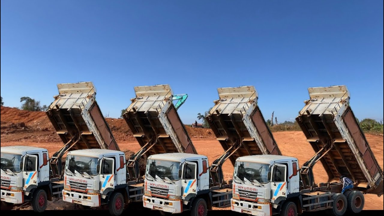 The excavator didn't rest today because the earthmoving truck was rushing to carry a lot of soil.