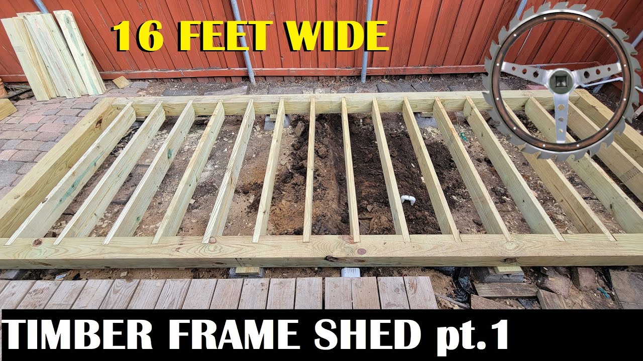 Timber Frame Shed part 1. No hangers- Cut 34 lap joints. Blocks, Sills, and Floor Joists installed.