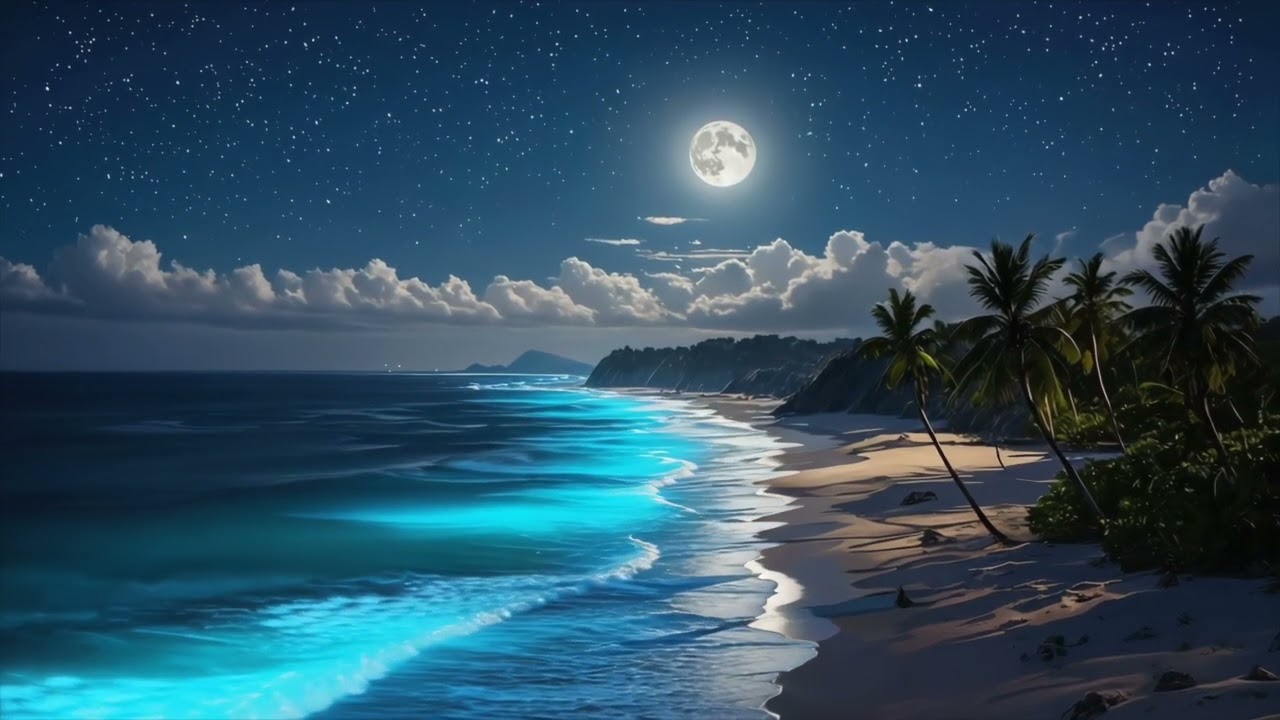 Mesmerizing Bioluminescent Beach at Night – Relaxing Ocean Sounds & Starry Sky 30 Minute