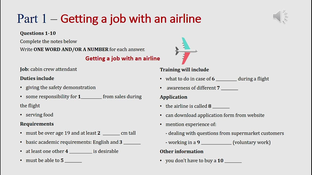 IELTS listening actual test Part 1: getting a job with an airline - computer (answer+ transcript)