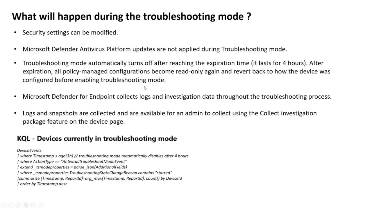 How to modify Windows Defender and security settings using MDE Troubleshooting Mode ?