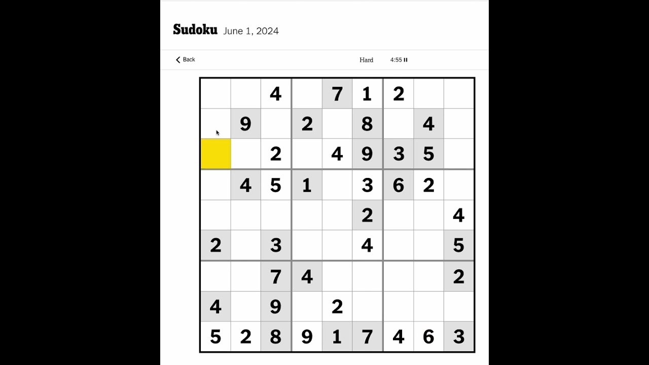 New York Times Sudoku Hard for June 1, 2024.  Me solving without pencil markings
