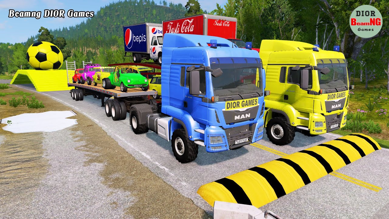 Double Flatbed Trailer Truck vs speed bumps|Busses vs speed bumps|Beamng Drive|455