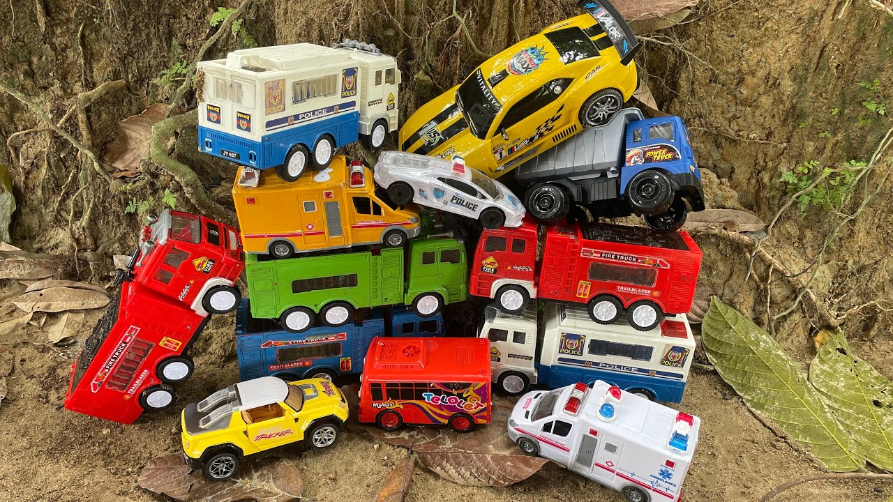 POLICE CAR, FIRE TRUCK, AMBULANCE, TAYO BUS TELOLET, ARMY CAR, RACING CAR, AND DUMP TRUCK