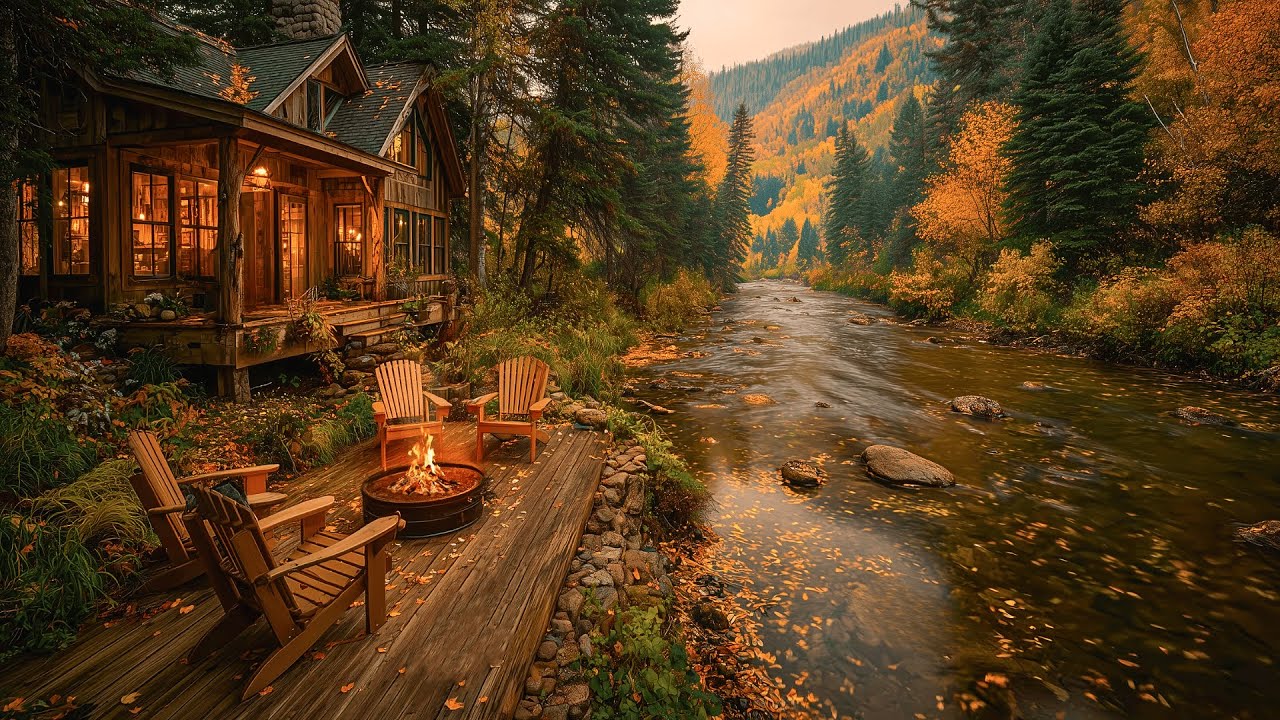 Soothing Autumn Morning Ambience | Cabin by the River with Firepit & Forest Birds singing