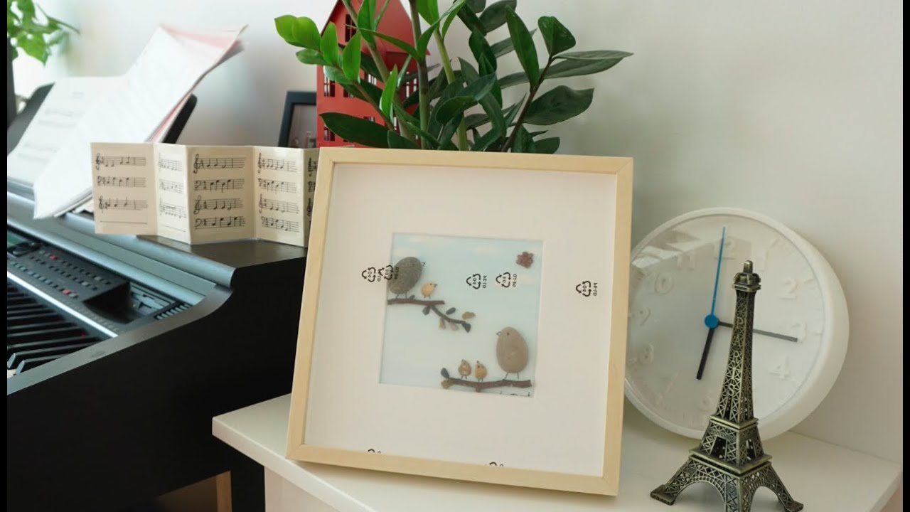 DIY-How to make watercolor- pebble art- Bird family- [Hướng dẫn làm tranh sỏi-màu nước]