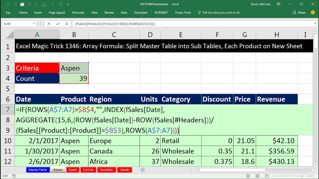Excel Magic Trick 1346: Array Formula: Split Master Table into Sub Tables, Each Product on New Sheet