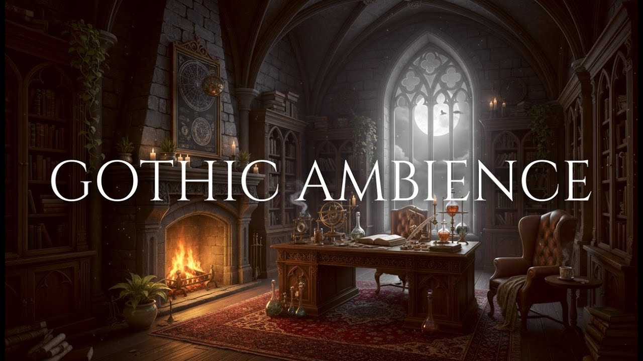 Gothic Castle Library by the Fireplace | Winter Night Reading Ambience (4K)