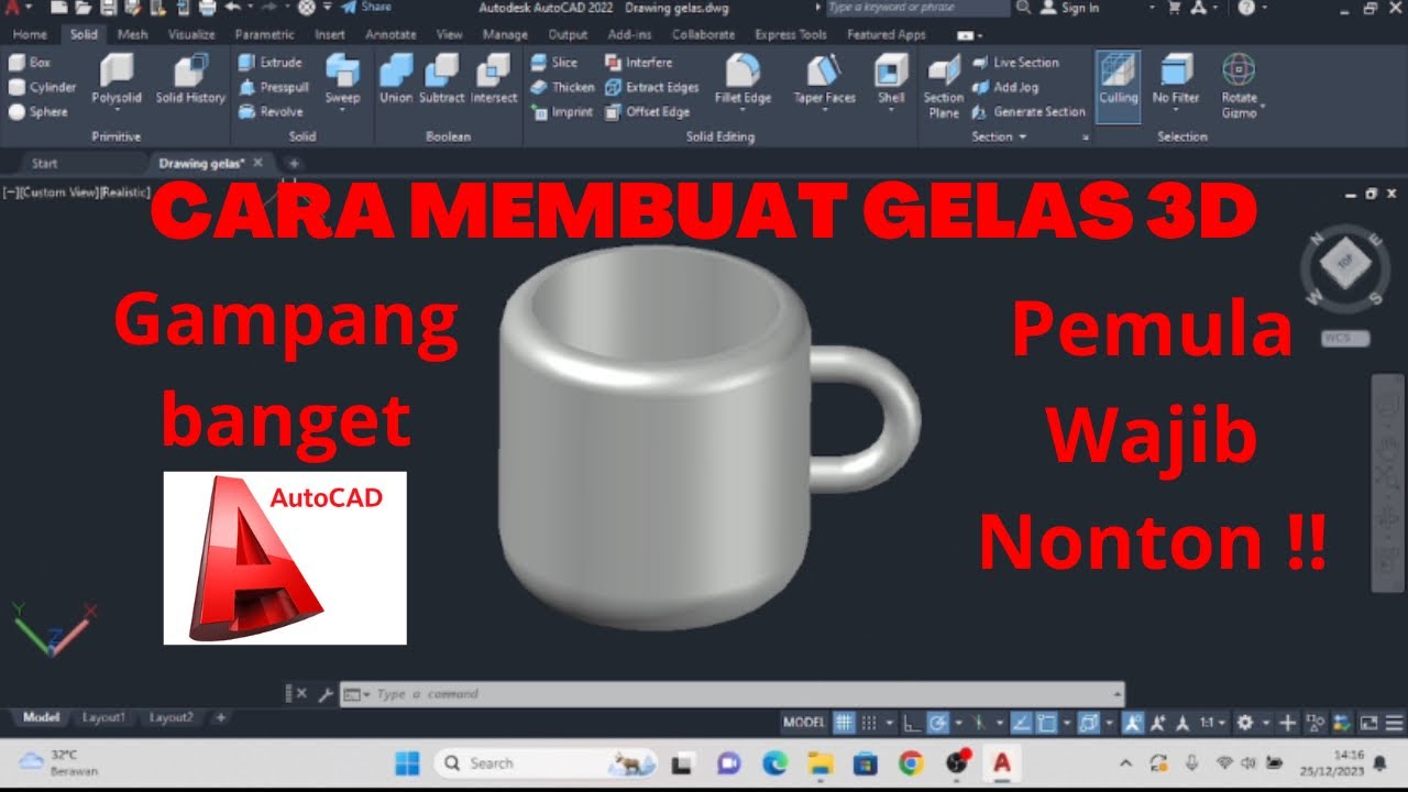 MEMBUAT GELAS 3D DI AutoCad #tutorial #video #youtube #fyp #autocad #drawing