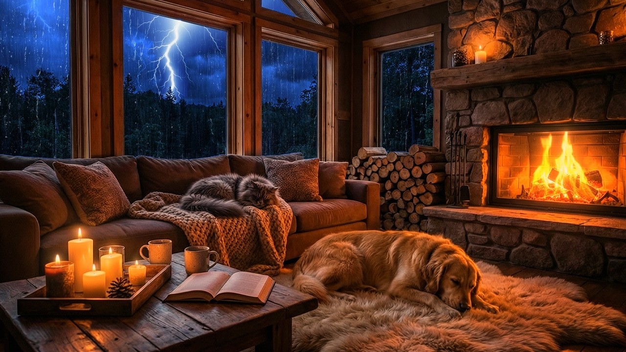 Cozy Cabin in a Thunderstorm ⛈️ Fireplace Glow & Sleeping Dog | Deep Sleep Sounds