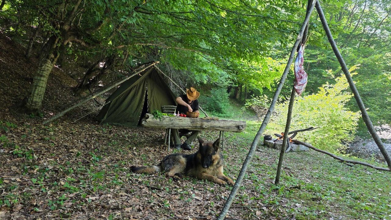 Bushcraft Cooking and Tent Life – Primitive Meat Prep in the Woods