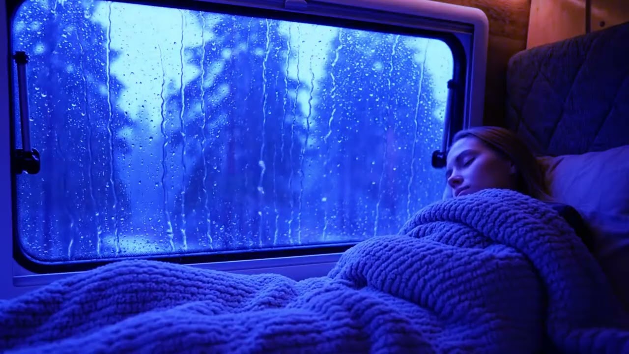 Deep thunderstorm ambience with rain falling on camper van window for sleep | rain sounds