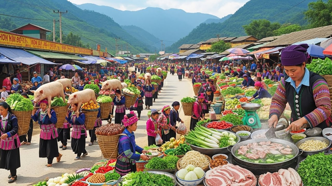The unique Hmong mountain market in Lao Cai has a wide variety of pork and delicious dishes