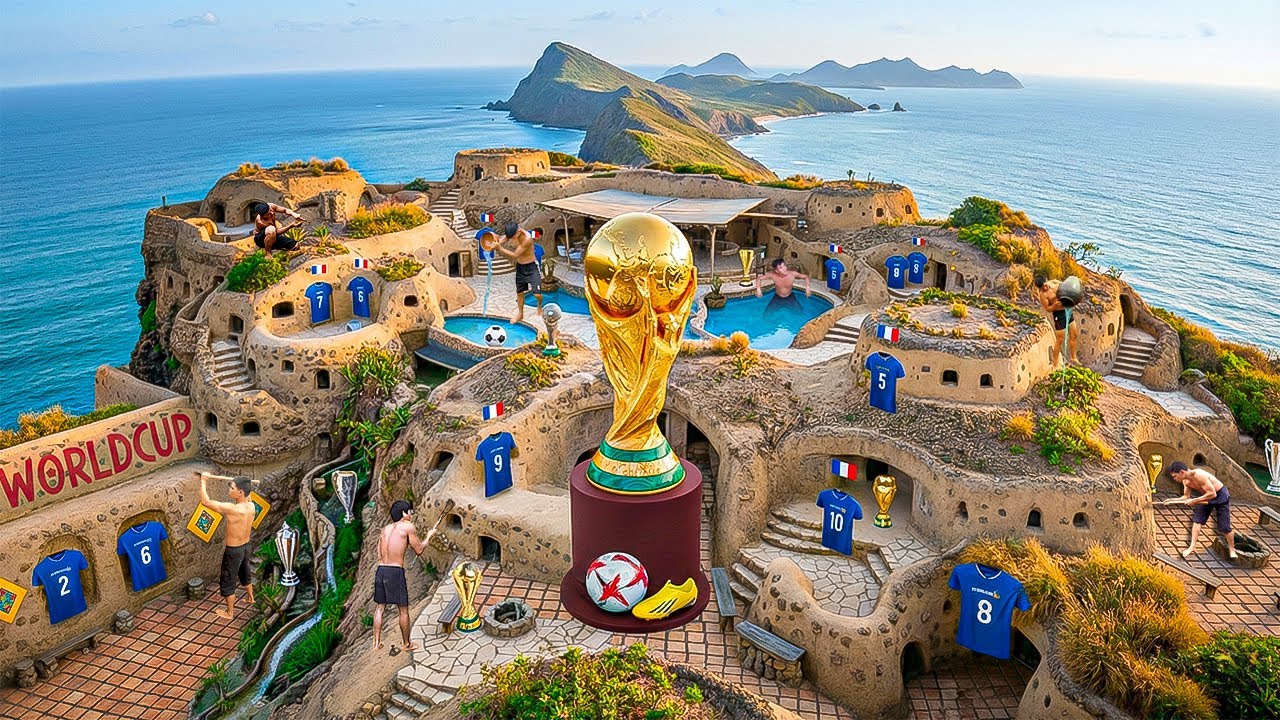 Building a Hidden Cave House with Pools and a Giant World Cup Trophy by the Sea Using Primitive Tool