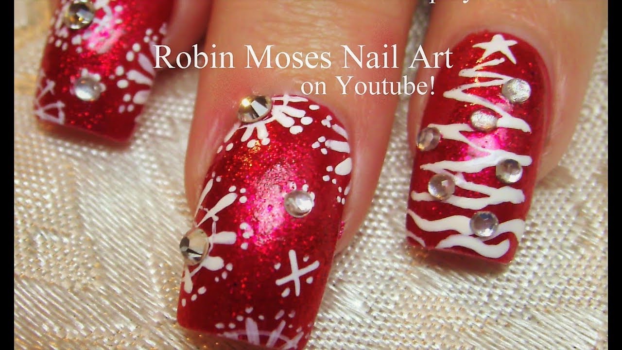 Red Glitter with White Snowflake nails with Christmas Trees Nail Art Design