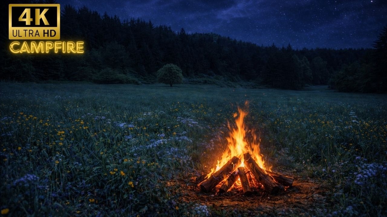 3 Hours Realistic Campfire in a Night Meadow 🔥 4K Cozy Fire Ambience