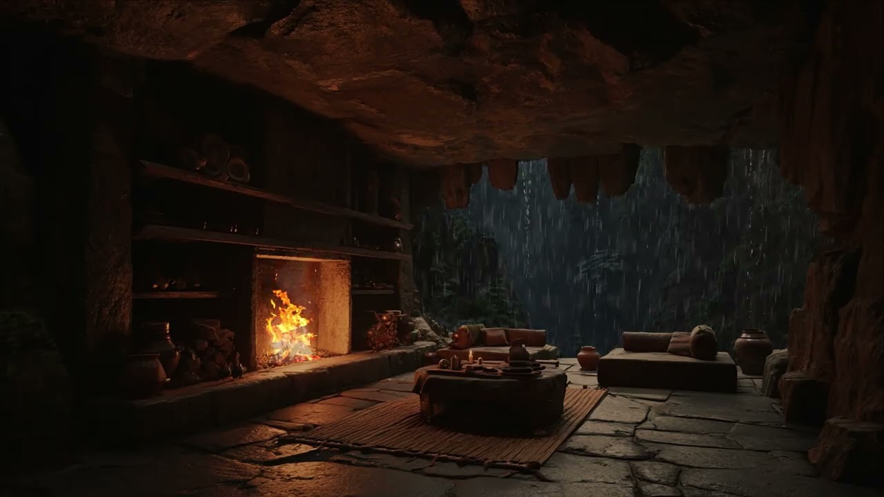 Fall Asleep Instantly 🌙 Rainy Night Ambience with Cozy Cave Fireplace and Relaxing ASMR Sounds
