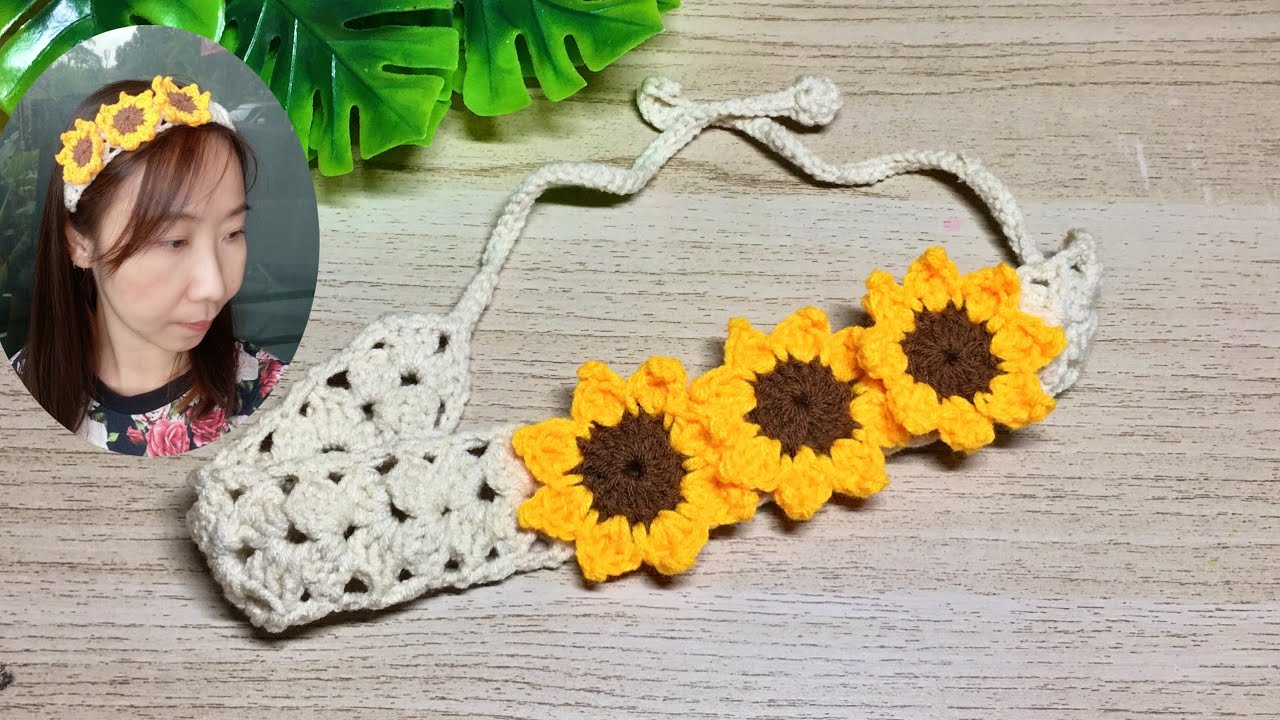 DIY How to crochet headband with Sunflower Tutorial.