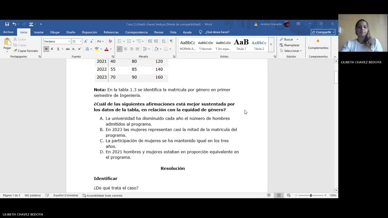 Resolución Caso 2. Equidad de género en el acceso a la educación superior,Lilibeth Chávez Bedoya 