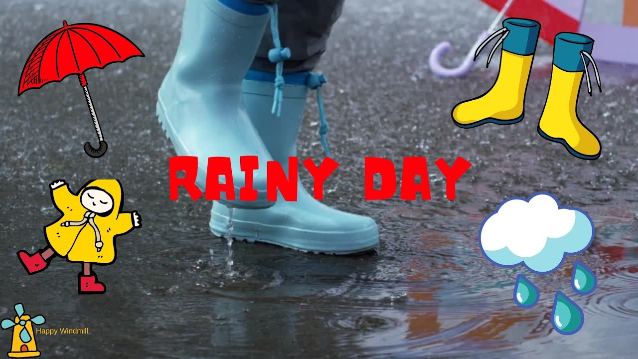 Rainy day video for kids. Discover rain an enjoy splashing in puddles in rain boots with umbrellas