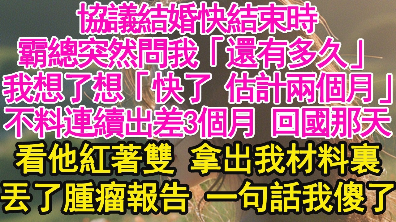 協議結婚快結束時，霸總突然問我「還有多久」我想了想「快了 估計兩個月」不料連續出差3個月 回國那天，看他紅著雙 拿出我材料裏，丟了腫瘤報告 一句話我傻了【琉璃】【甜寵】【霸總】