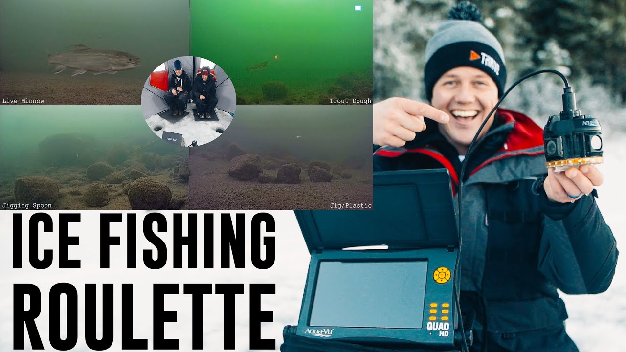 Ice Fishing Roulette / 4 Underwater Cameras + 4 lures AT ONCE!! (INSANE Underwater Footage)